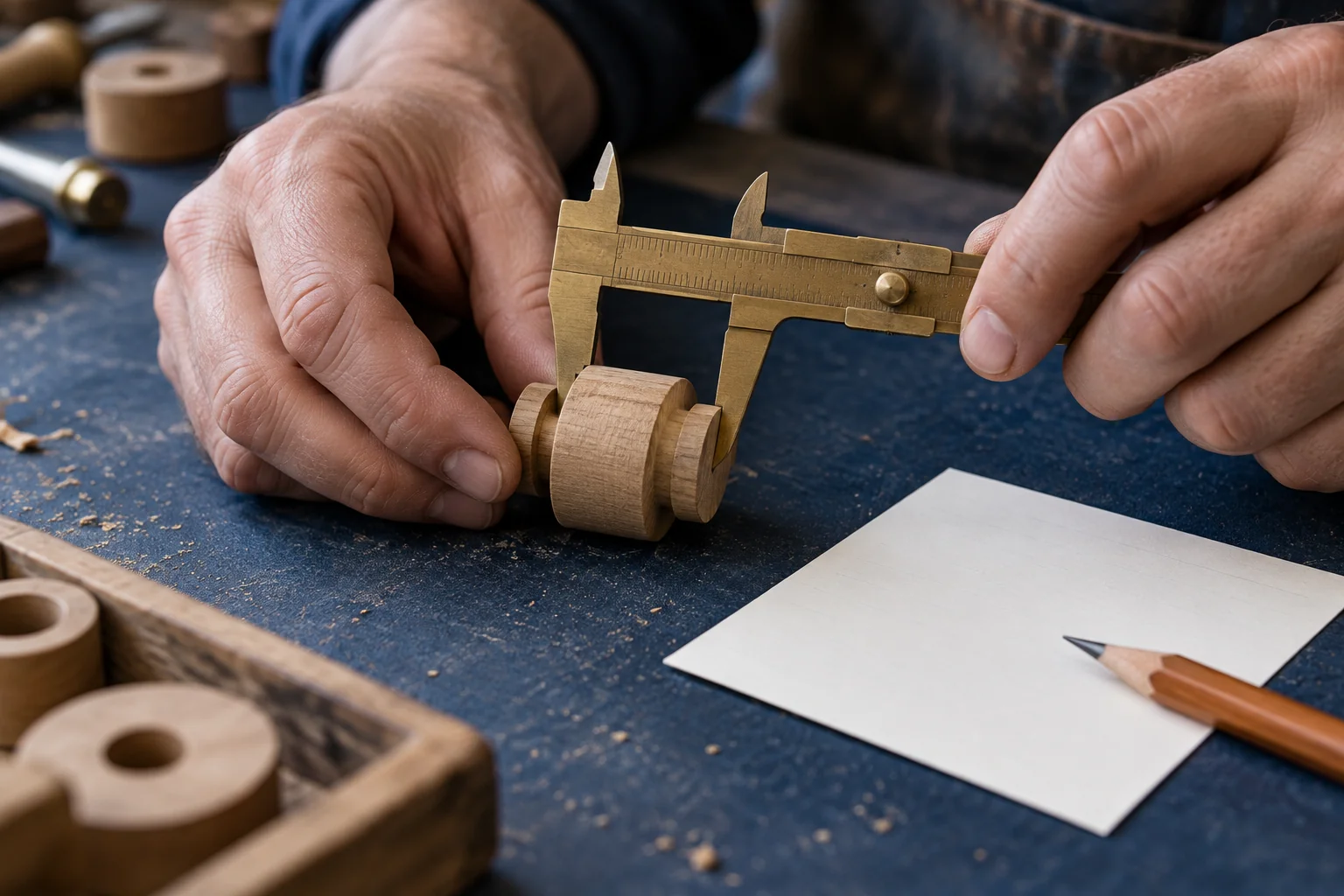 Unas manos adultas miden una pieza de madera con un calibre mecánico junto a una tarjeta en blanco.