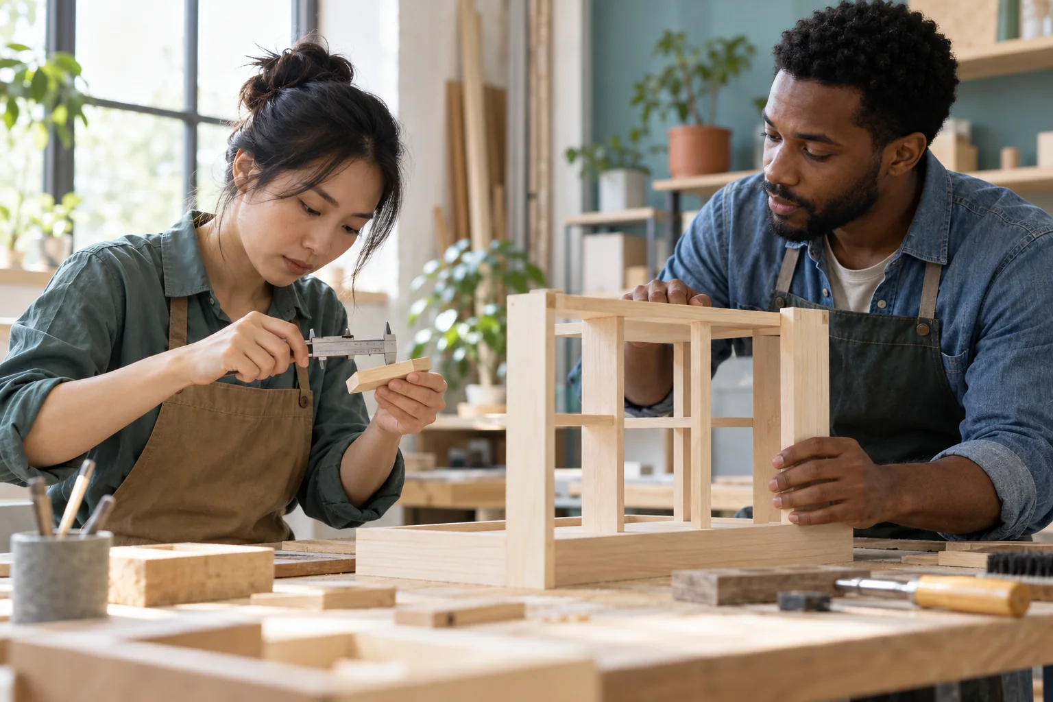 Dos personas adultas realizan tareas diferentes sobre una estructura de madera en un taller luminoso.