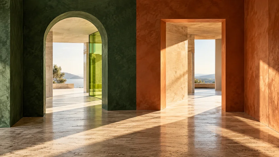 Two sunlit passages, one arched in forest green and one rectangular in terracotta, opening toward different spaces.