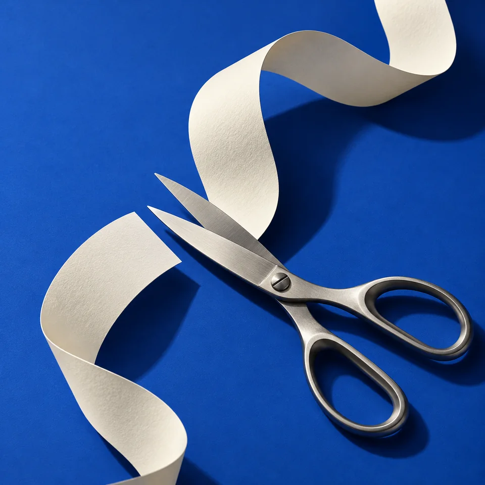 Brushed steel scissors and a flowing ivory paper ribbon on a cobalt-blue surface.
