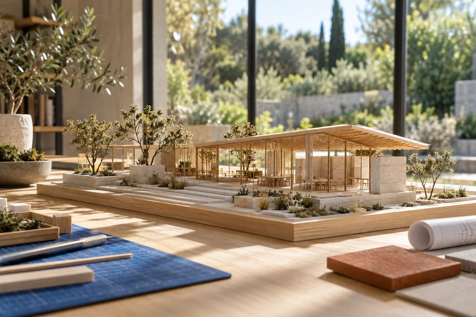 A detailed architectural pavilion model on a sunlit studio table with a cutting mat and material samples.