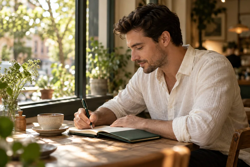 A man in an ivory shirt writing in a green notebook beside a sunlit cafe window.