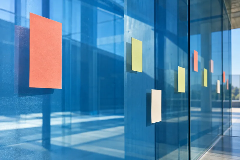 Coral, lime, and ivory rectangular notes arranged sparsely on a translucent blue wall, seen at a close oblique angle.