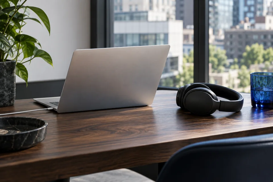 A silver laptop and black headphones on a walnut desk beside a city window.