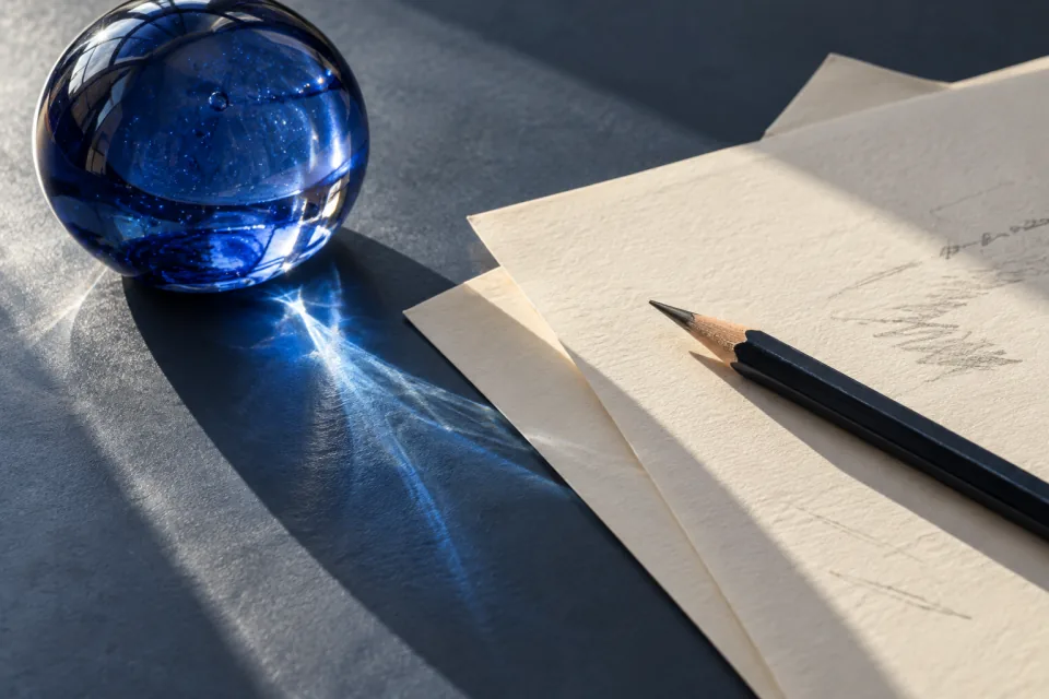 Graphite pencil and cobalt glass paperweight on ivory working pages over a blue graphite desk, crossed by crisp sunlight.