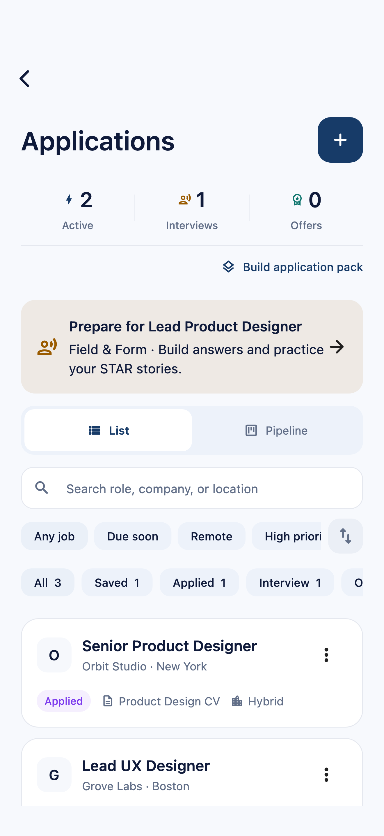 CVura application tracker showing fictional saved and applied roles, linked documents and interview preparation