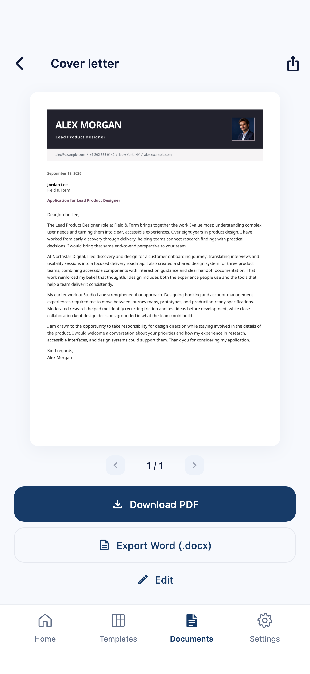 CVura cover-letter preview with PDF and Word export and a fictional sample letter