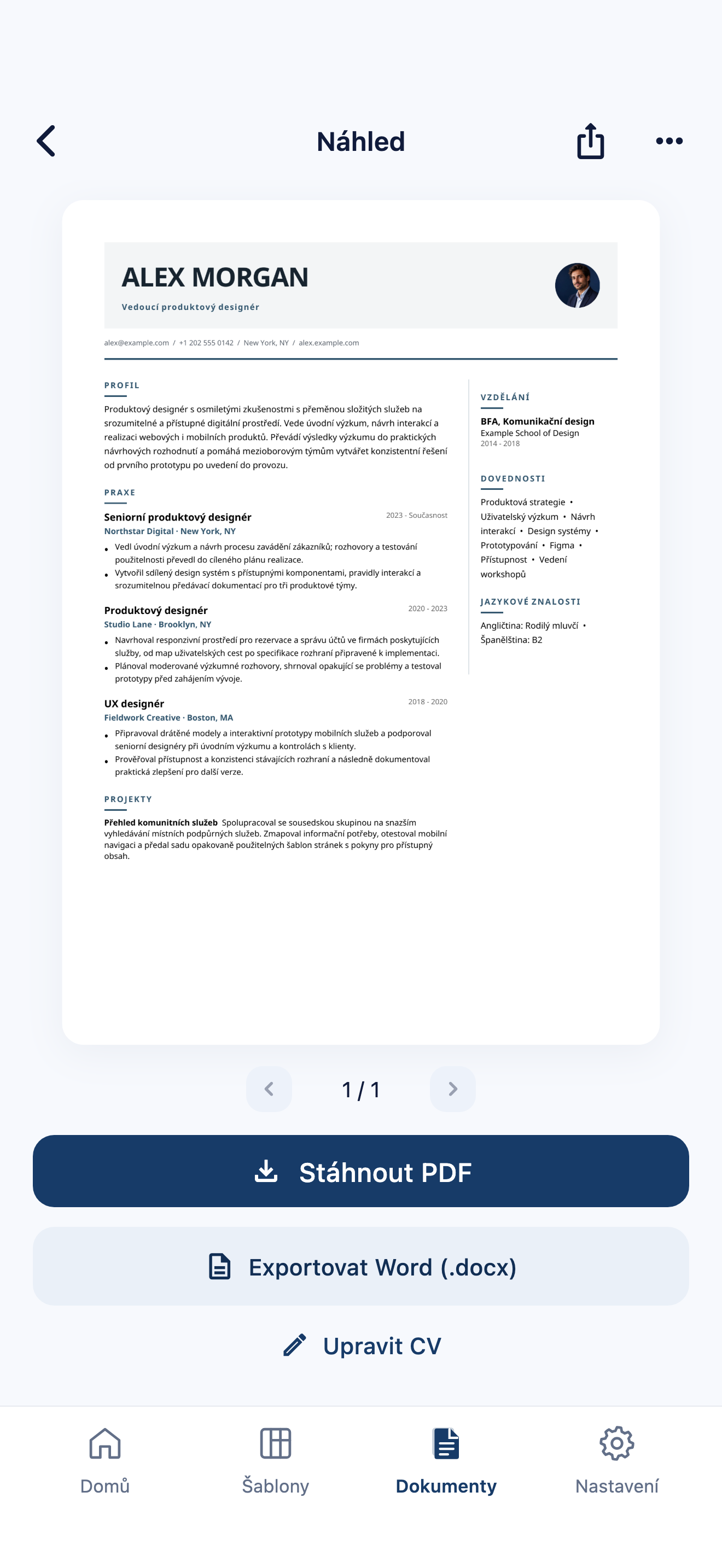 Náhled životopisu v aplikaci CVura s tlačítky pro stažení PDF a export do Wordu a s fiktivním životopisem Alexe Morgana