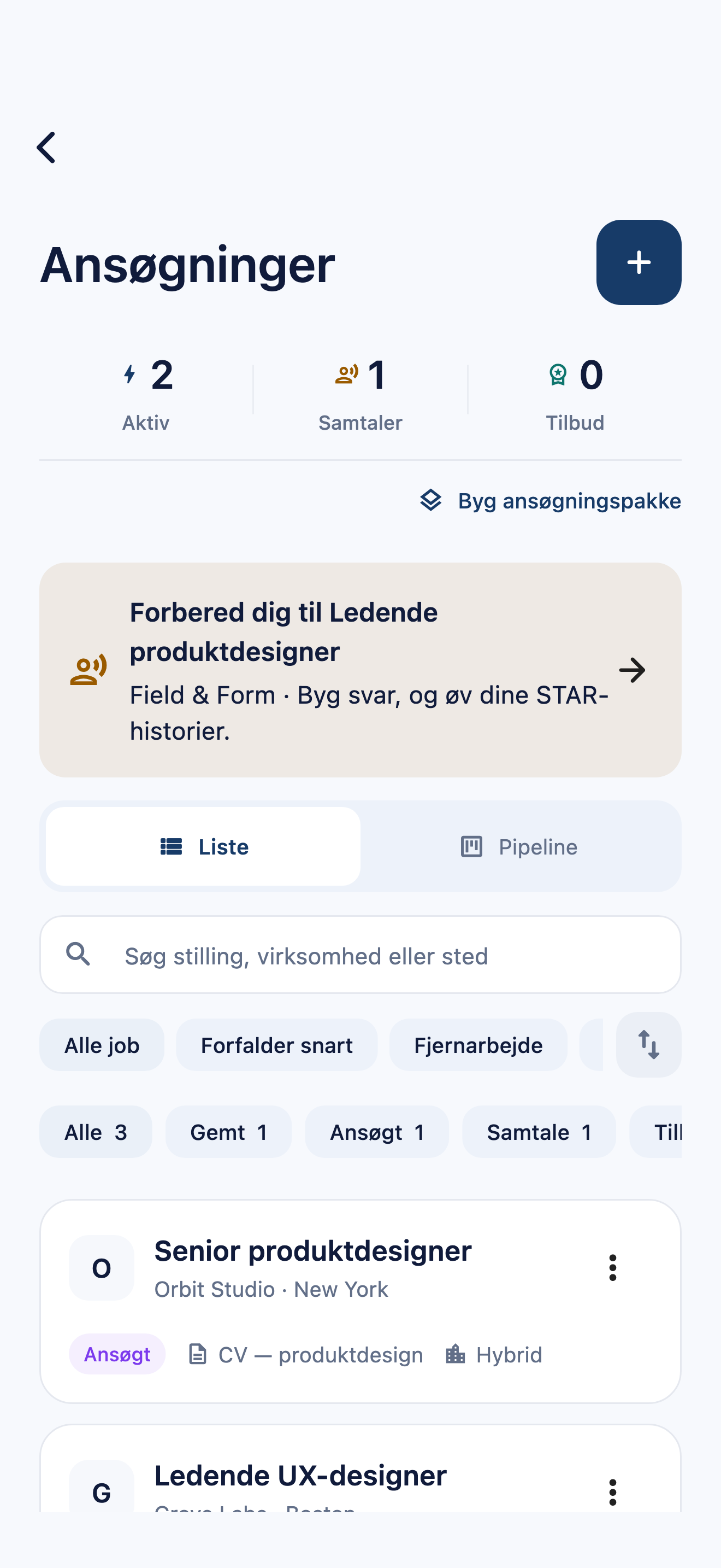 CVuras ansøgningsoversigt med fiktive gemte og søgte stillinger, tilknyttede dokumenter og forberedelse til jobsamtalen