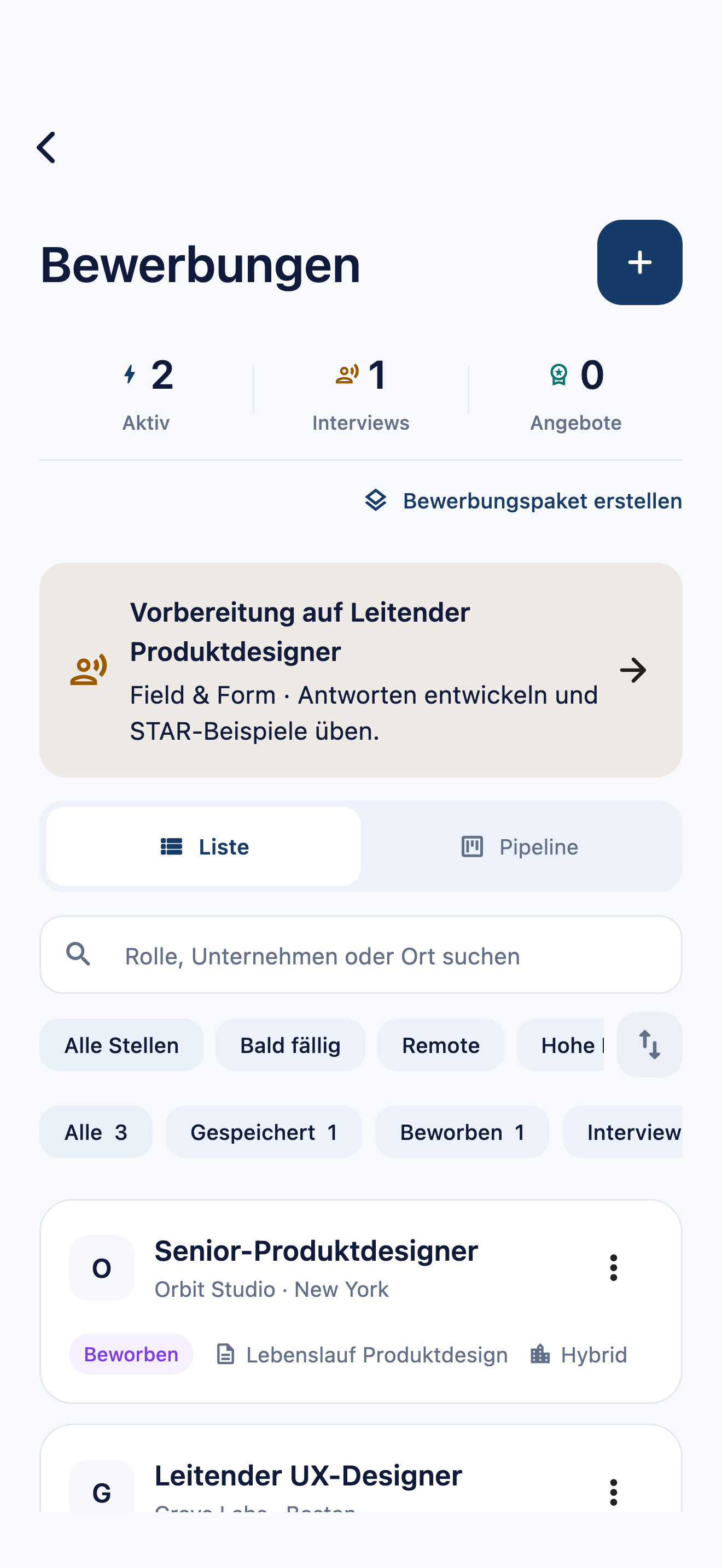 Bewerbungsübersicht in CVura mit fiktiven gespeicherten Stellen und versandten Bewerbungen, verknüpften Unterlagen und Vorbereitung aufs Vorstellungsgespräch