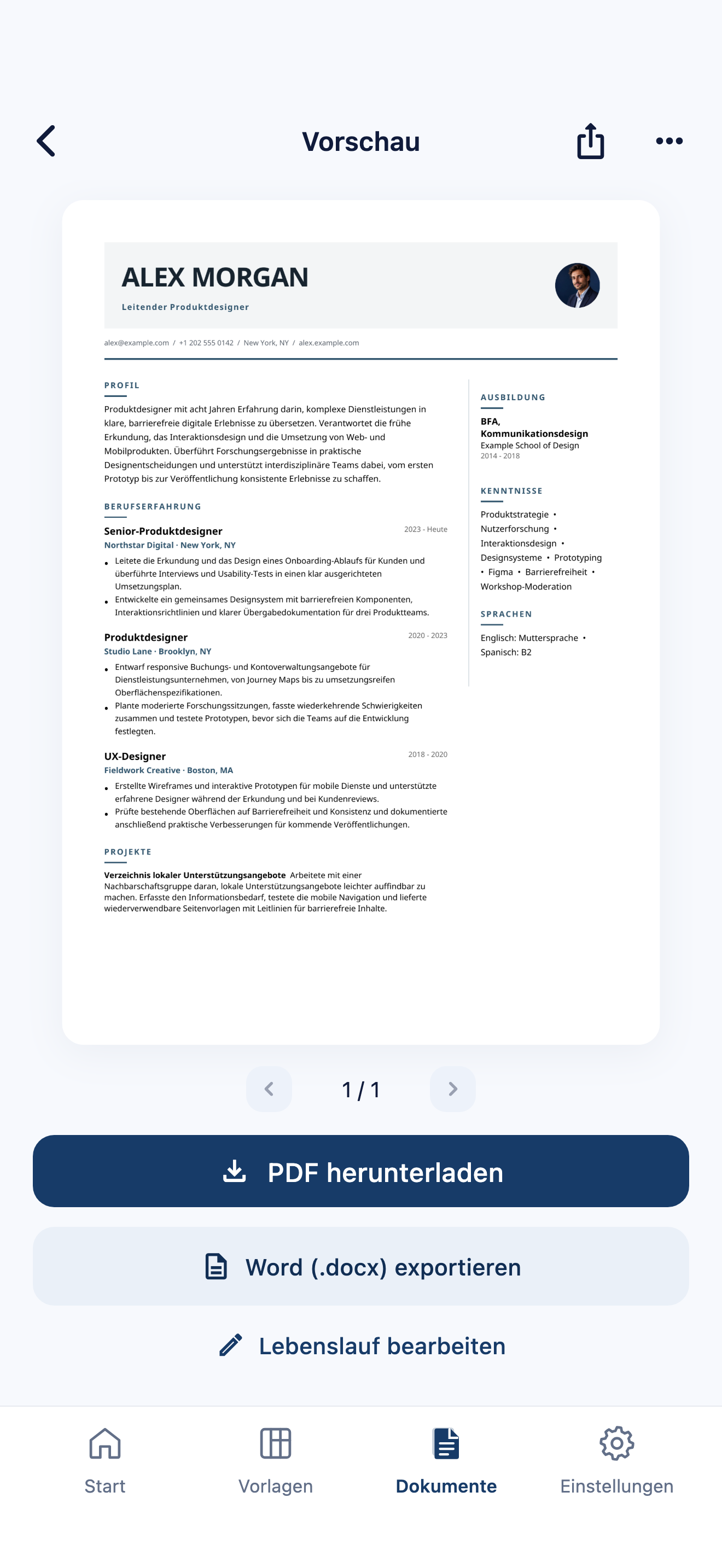 Lebenslaufvorschau in CVura mit den Optionen zum PDF-Download und Word-Export sowie einem fiktiven Lebenslauf für Alex Morgan