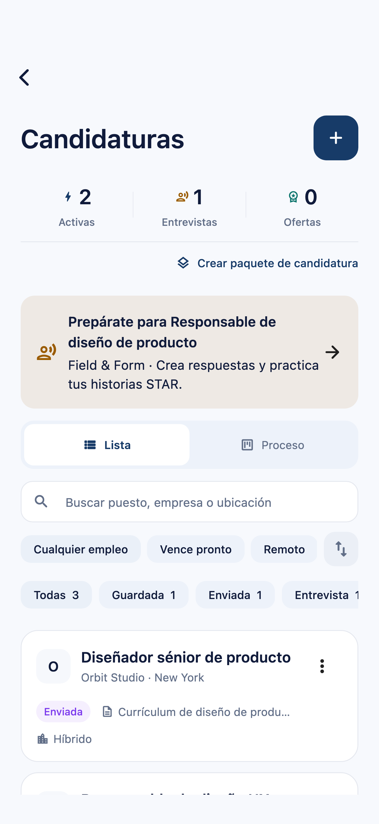 Seguimiento de candidaturas en CVura con puestos ficticios guardados y candidaturas enviadas, documentos asociados y preparación para entrevistas