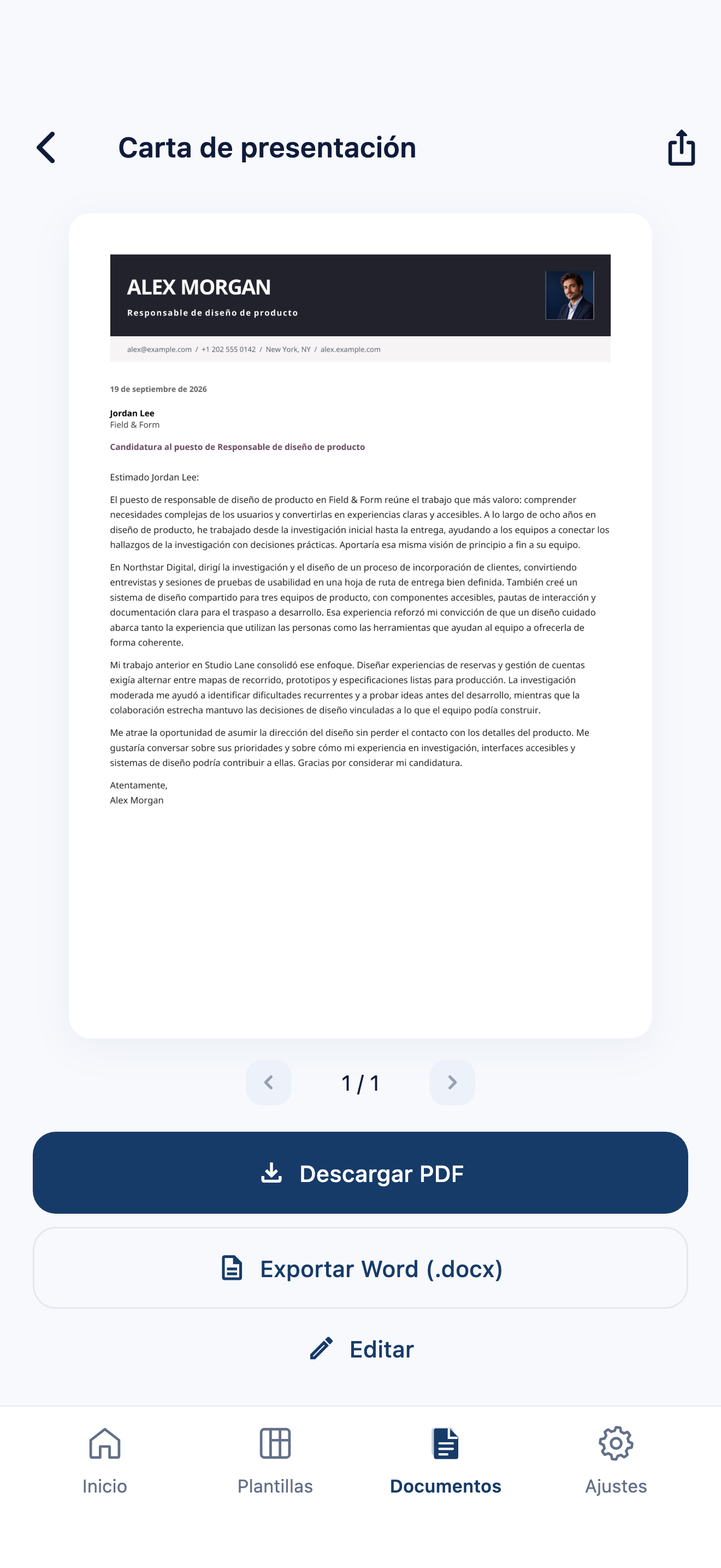 Vista previa de una carta de presentación ficticia en CVura con exportación a PDF y Word