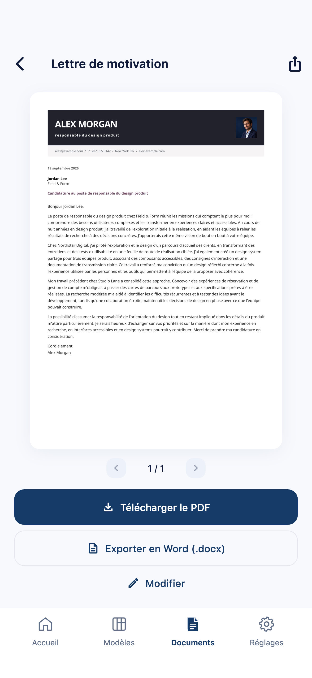 Aperçu d’une lettre de motivation fictive dans CVura, avec export PDF et Word