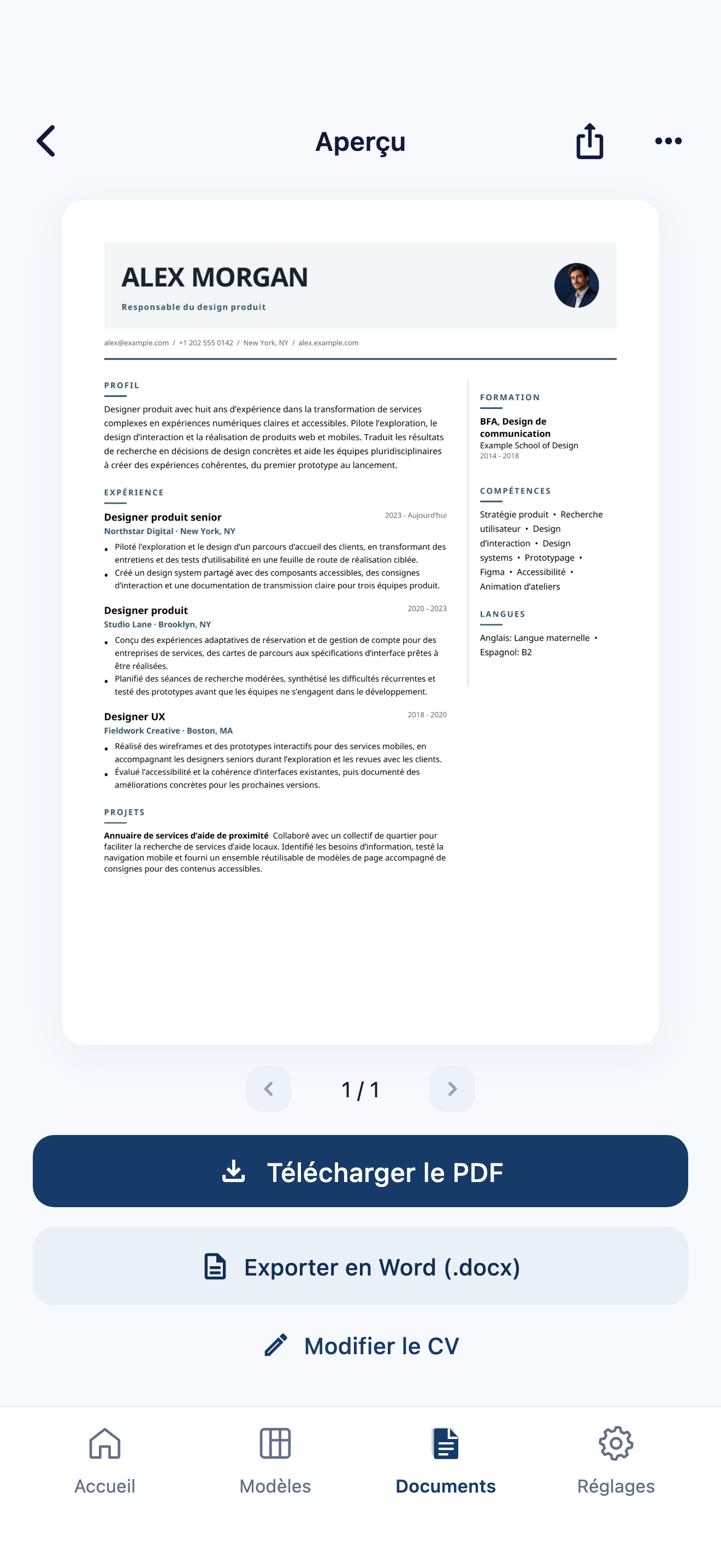 Aperçu d’un CV dans CVura, avec les commandes de téléchargement PDF et d’export Word et le CV fictif d’Alex Morgan