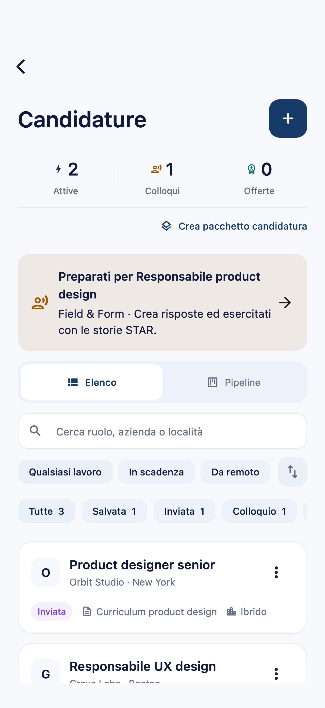 Monitoraggio delle candidature in CVura, con posizioni fittizie salvate o per cui è già stata inviata la candidatura, documenti collegati e preparazione ai colloqui