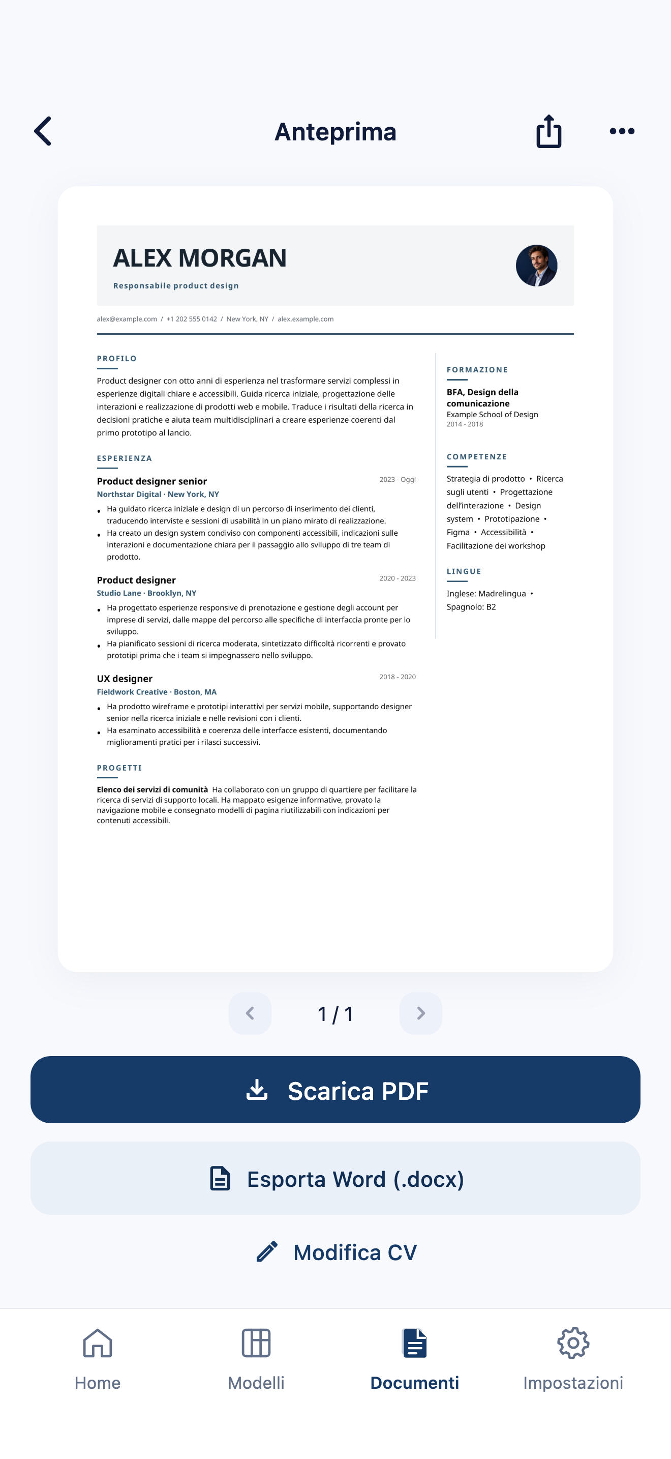 Anteprima di un curriculum in CVura, con i comandi per scaricare il PDF ed esportare in Word e il curriculum fittizio di Alex Morgan