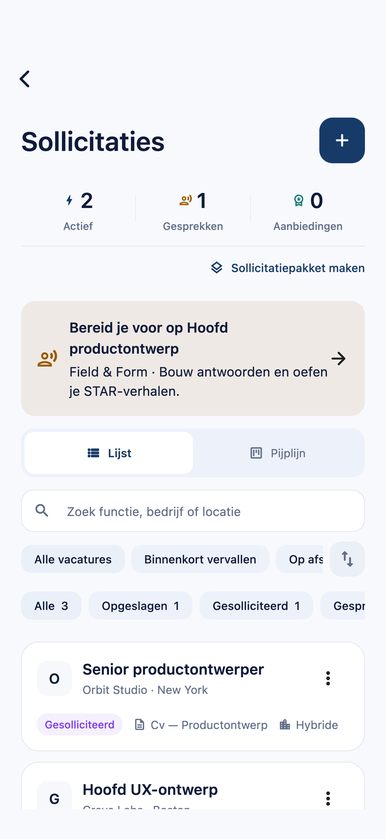 Sollicitatieoverzicht in CVura met fictieve opgeslagen functies en sollicitaties, gekoppelde documenten en gespreksvoorbereiding