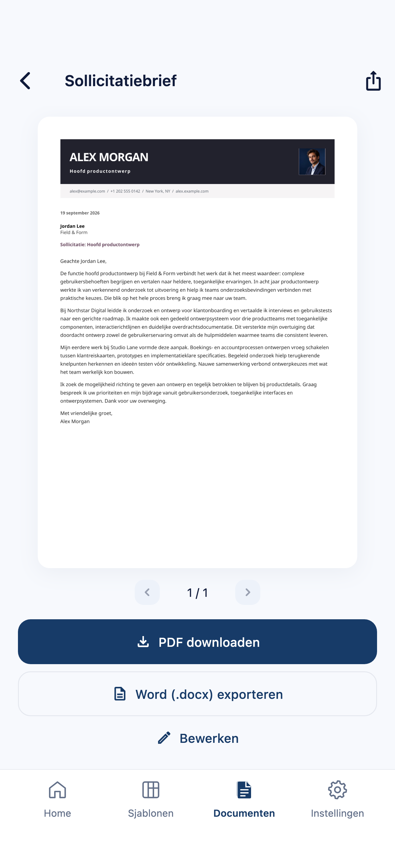 Voorbeeld van een sollicitatiebrief in CVura, met export naar PDF en Word en een fictieve voorbeeldbrief
