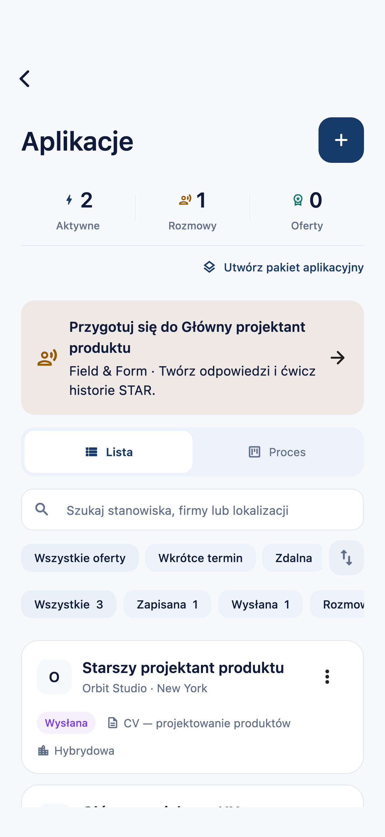 Rejestr zgłoszeń rekrutacyjnych w CVura z fikcyjnymi zapisanymi ofertami i wysłanymi zgłoszeniami, powiązanymi dokumentami oraz przygotowaniem do rozmowy