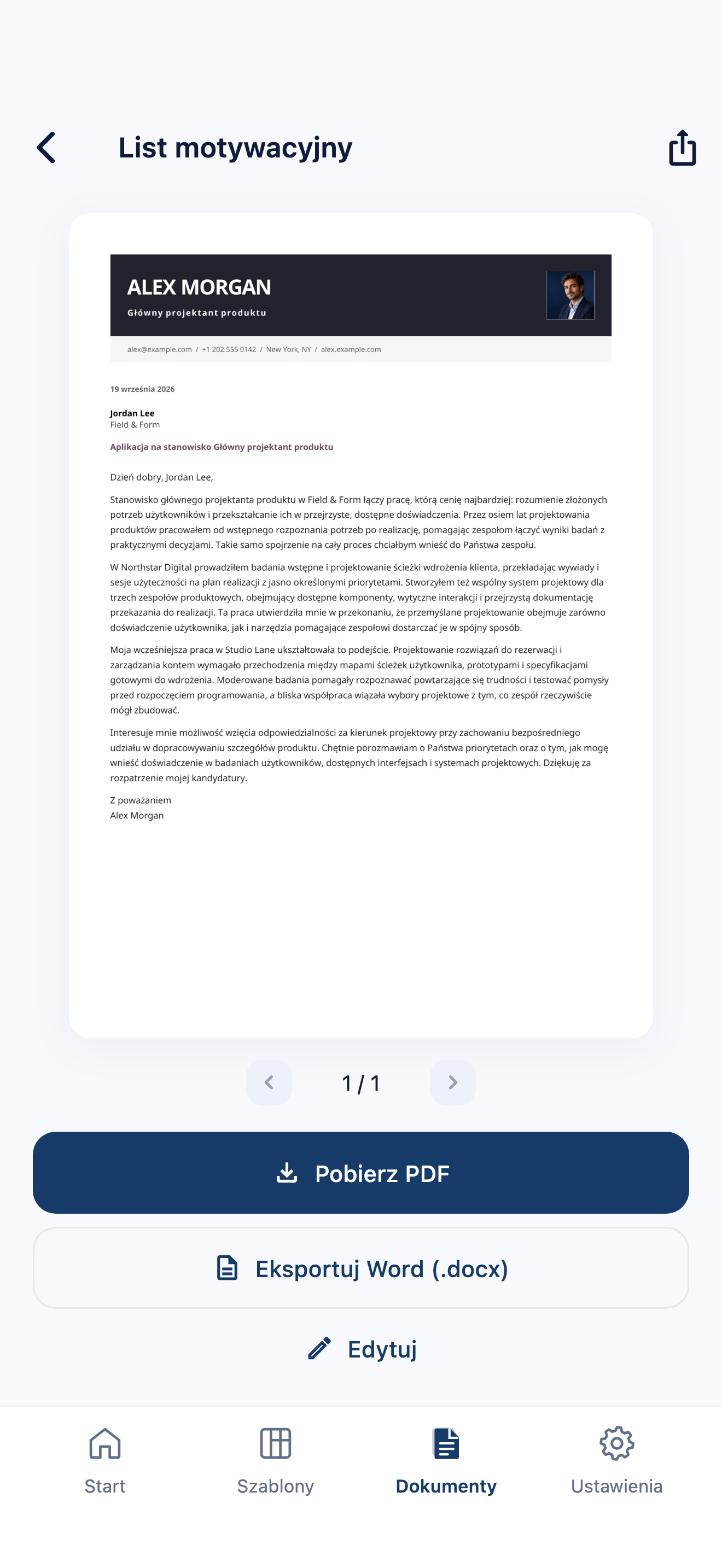 Podgląd listu motywacyjnego w CVura z eksportem do PDF i Worda oraz fikcyjnym przykładowym listem