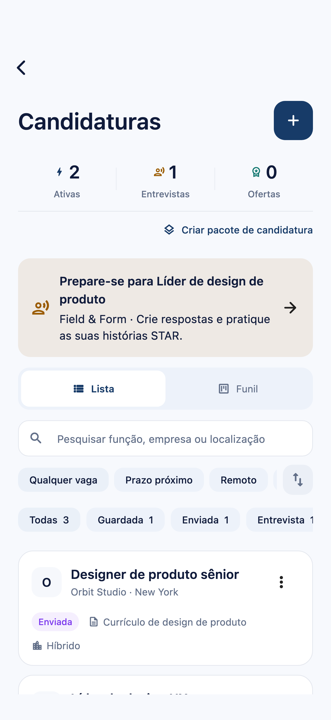 Acompanhamento de candidaturas no CVura com vagas fictícias salvas e candidaturas enviadas, documentos vinculados e preparação para entrevistas