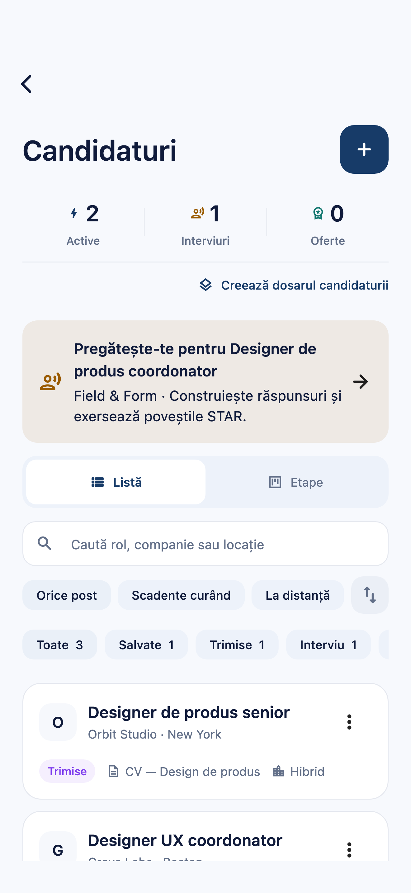 Evidența candidaturilor în CVura, cu posturi fictive salvate și pentru care s-a candidat, documente asociate și pregătirea interviului