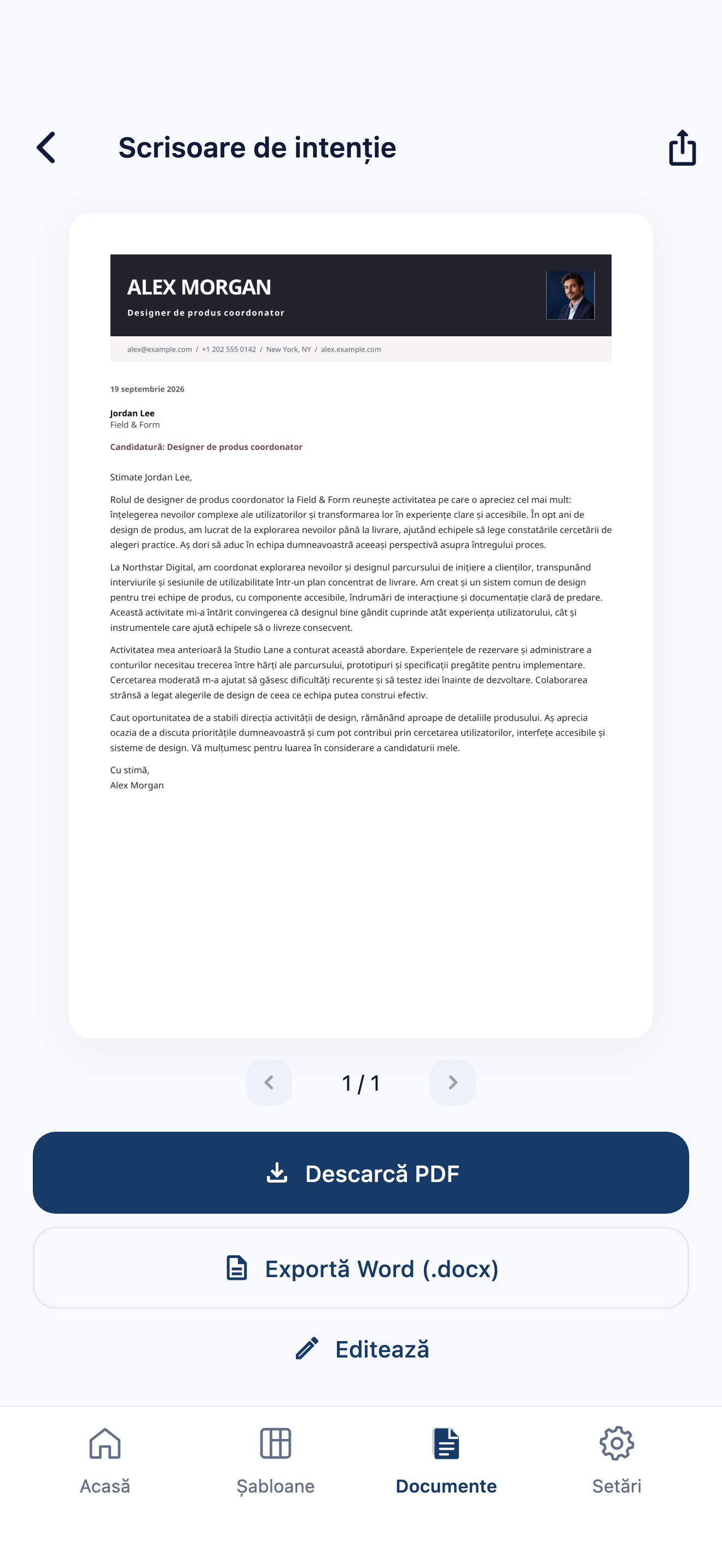 Previzualizarea unei scrisori de intenție în CVura, cu export PDF și Word și o scrisoare-model fictivă