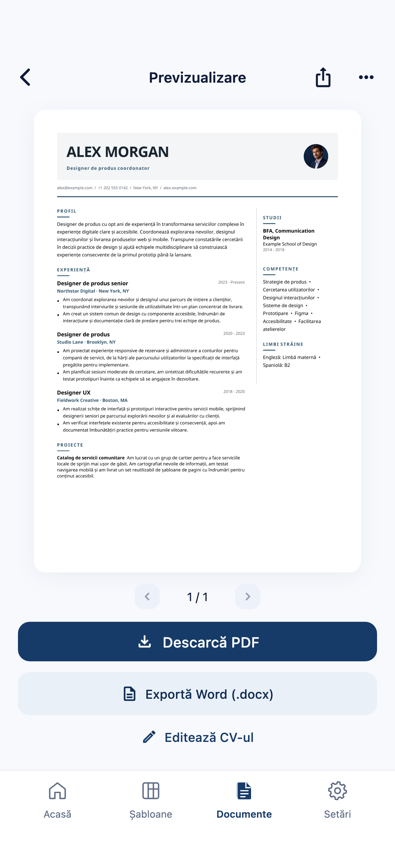 Previzualizarea unui CV în CVura, cu opțiunile de descărcare PDF și export Word și un CV fictiv al lui Alex Morgan