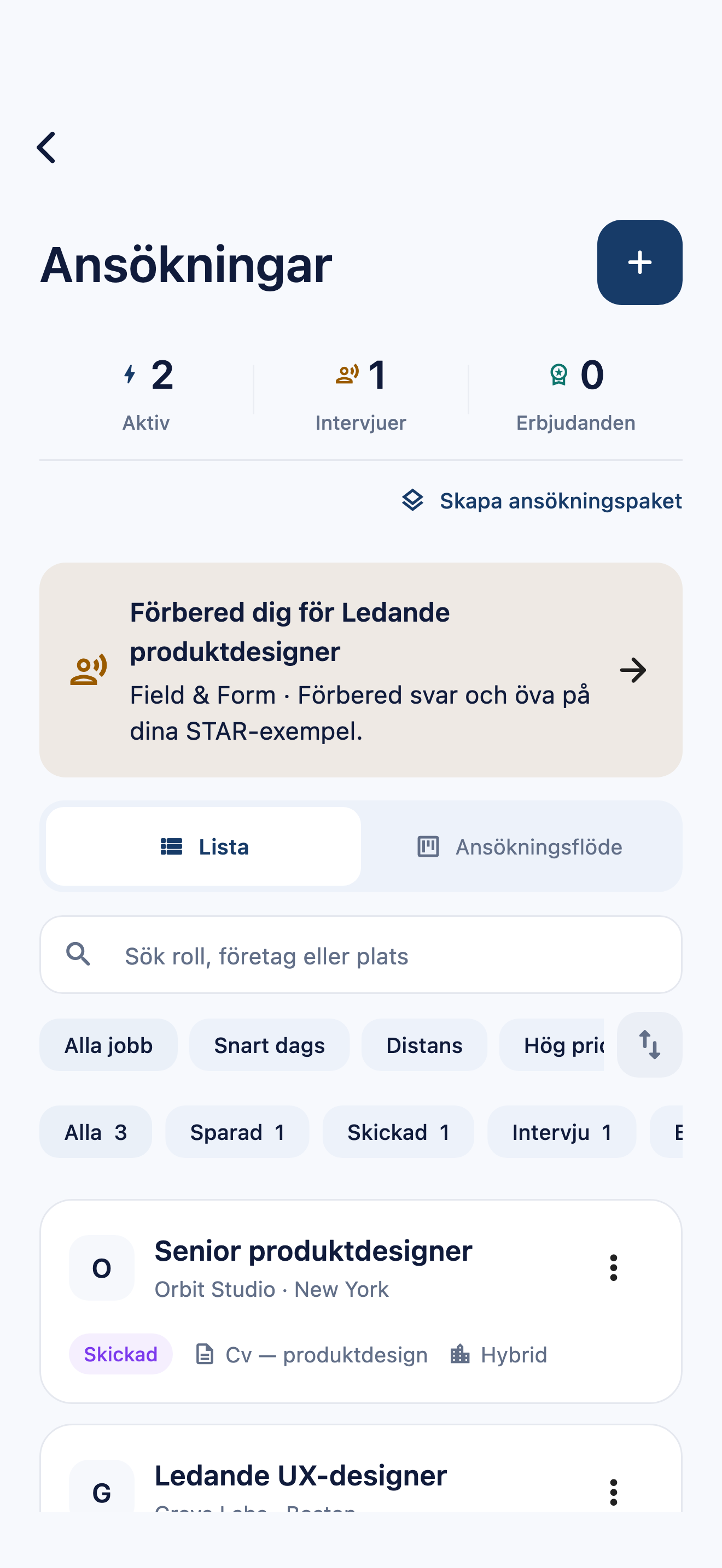 CVuras ansökningsöversikt med fiktiva sparade och sökta tjänster, länkade dokument och intervjuförberedelser