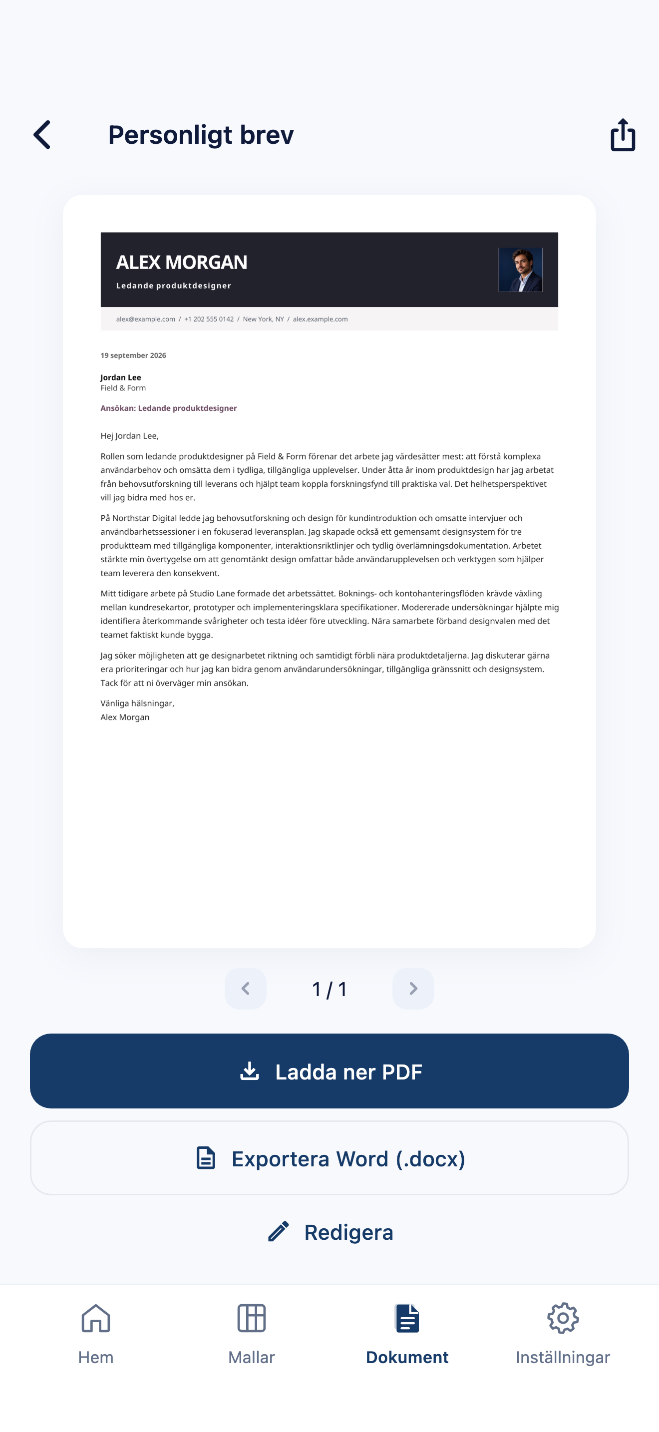 Förhandsvisning av personligt brev i CVura med PDF- och Word-export samt ett fiktivt exempelbrev