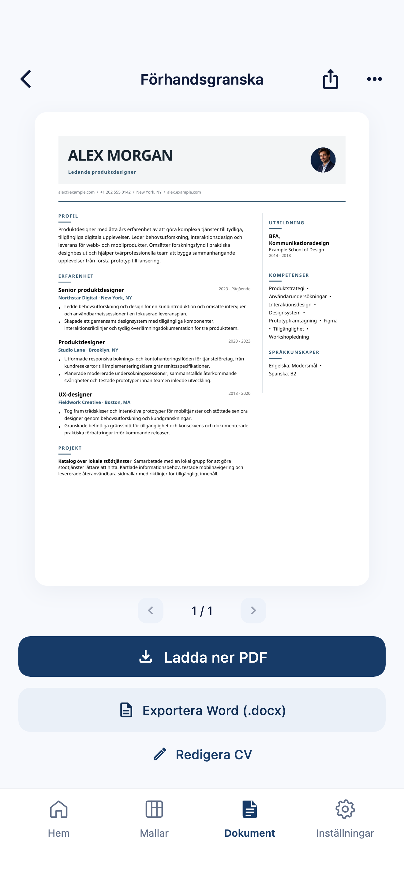 Förhandsvisning av cv i CVura med kontroller för att hämta PDF och exportera Word samt ett fiktivt cv för Alex Morgan