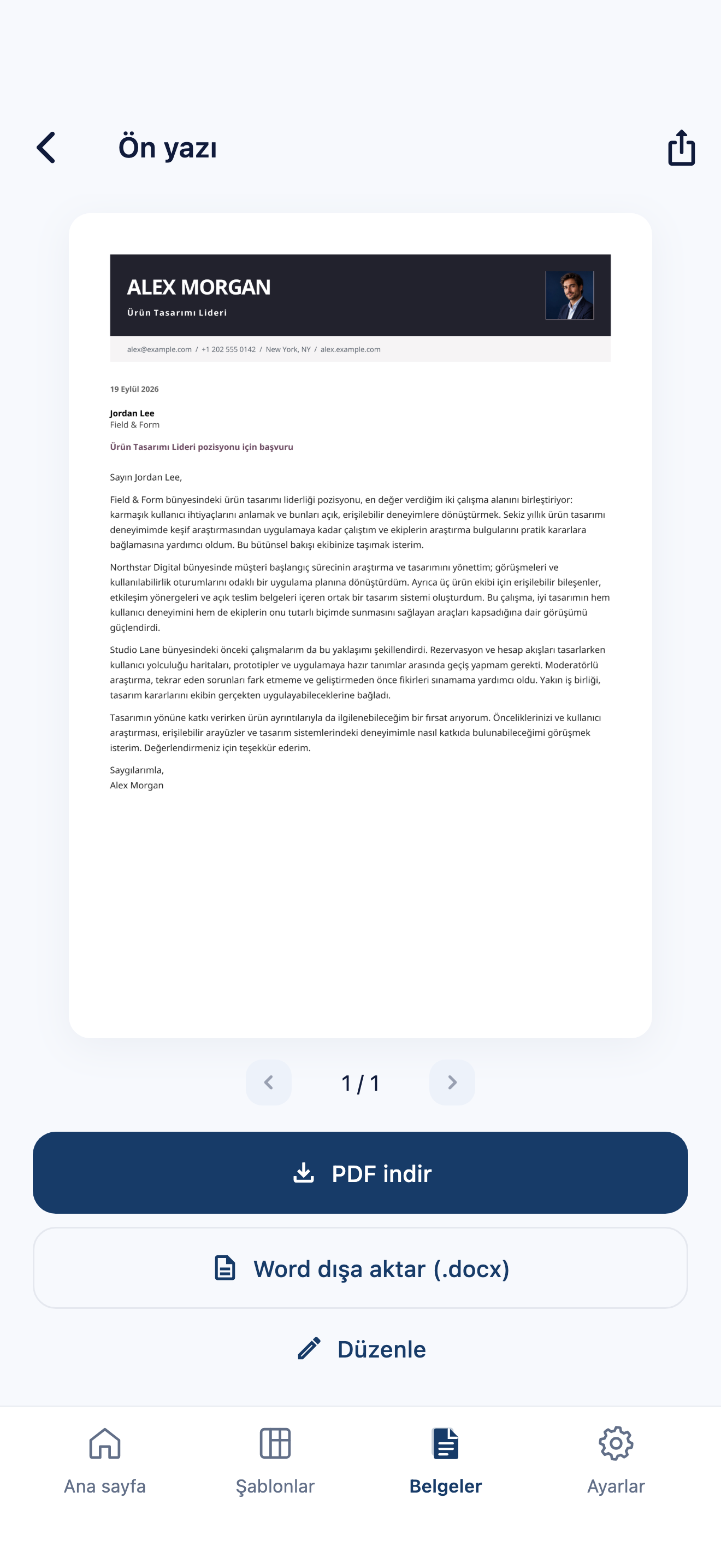 PDF ve Word dışa aktarma seçeneklerini ve kurgusal bir örnek mektubu gösteren CVura ön yazı önizlemesi