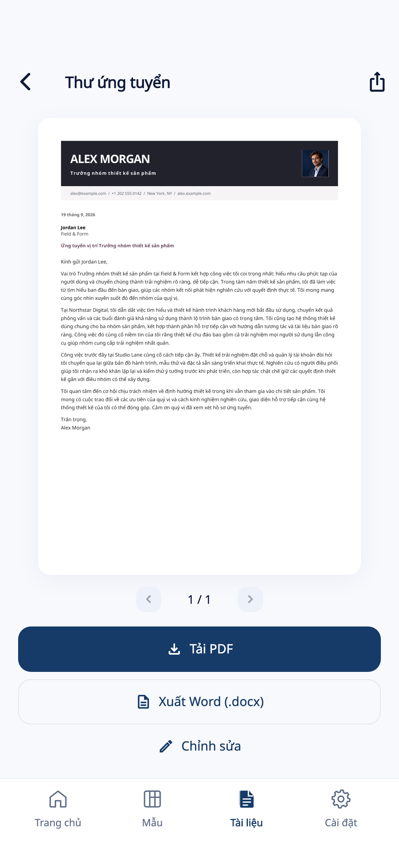 Bản xem trước thư ứng tuyển trong CVura với chức năng xuất PDF, Word và một lá thư mẫu hư cấu